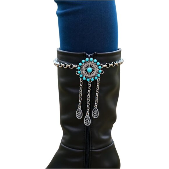 Women’s Western Boot Bracelet Silver Chain Turquoise Flower Charm Adjustable Jew - Picture 3 of 9